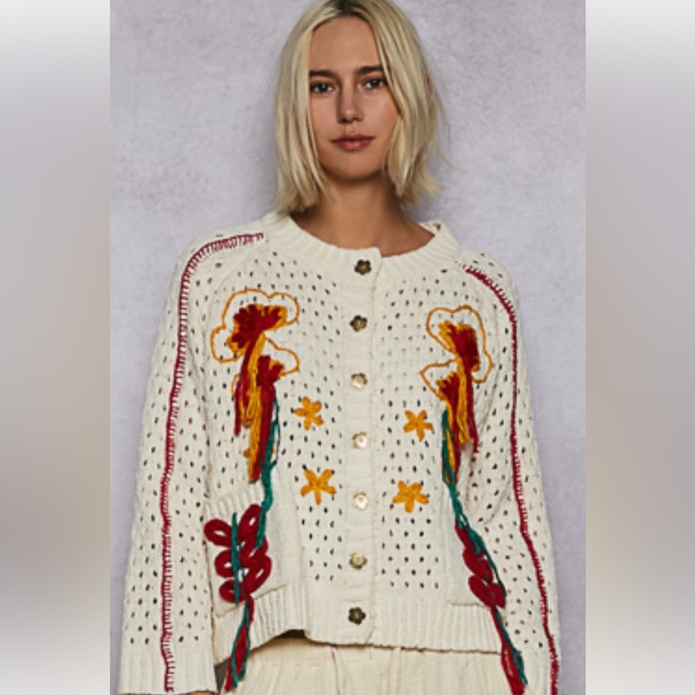 POL beautifully Embroidered Floral Women Sweater - Cream, Red, Yellow - Picture 1 of 6